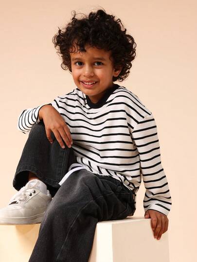 SUMWON 长袖条纹圆领T恤，适合幼儿男童日常休闲穿着