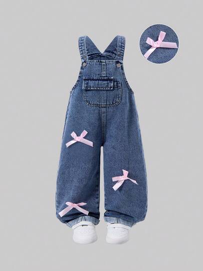 Young Girls Cute Style Toddler Girls' Denim Bib Pants, Spring/Summer/Autumn/Winter, Medium Blue Denim Color With Pink Bow Accent, Tapered Fit, Comfortable Cotton Denim Fabric, Fashionable & Versatile For Daily Wear