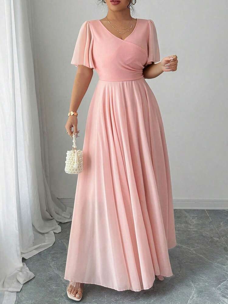 Elenzga Plus Size Women Chiffon Ruffle Sleeve V-Neck A-Line Dress, Simple Elegant Romantic Graceful Flowing - Pink - View 4