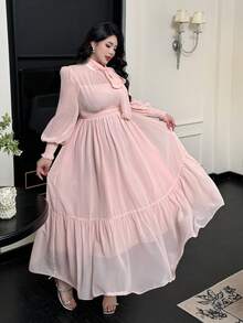 Flirla Váy voan tay đèn lồng nhẹ nhàng, kiểu Pháp ngọt ngào thanh lịch mới, váy ôm eo, váy cưới cho nữ - Hồng - Xem 1