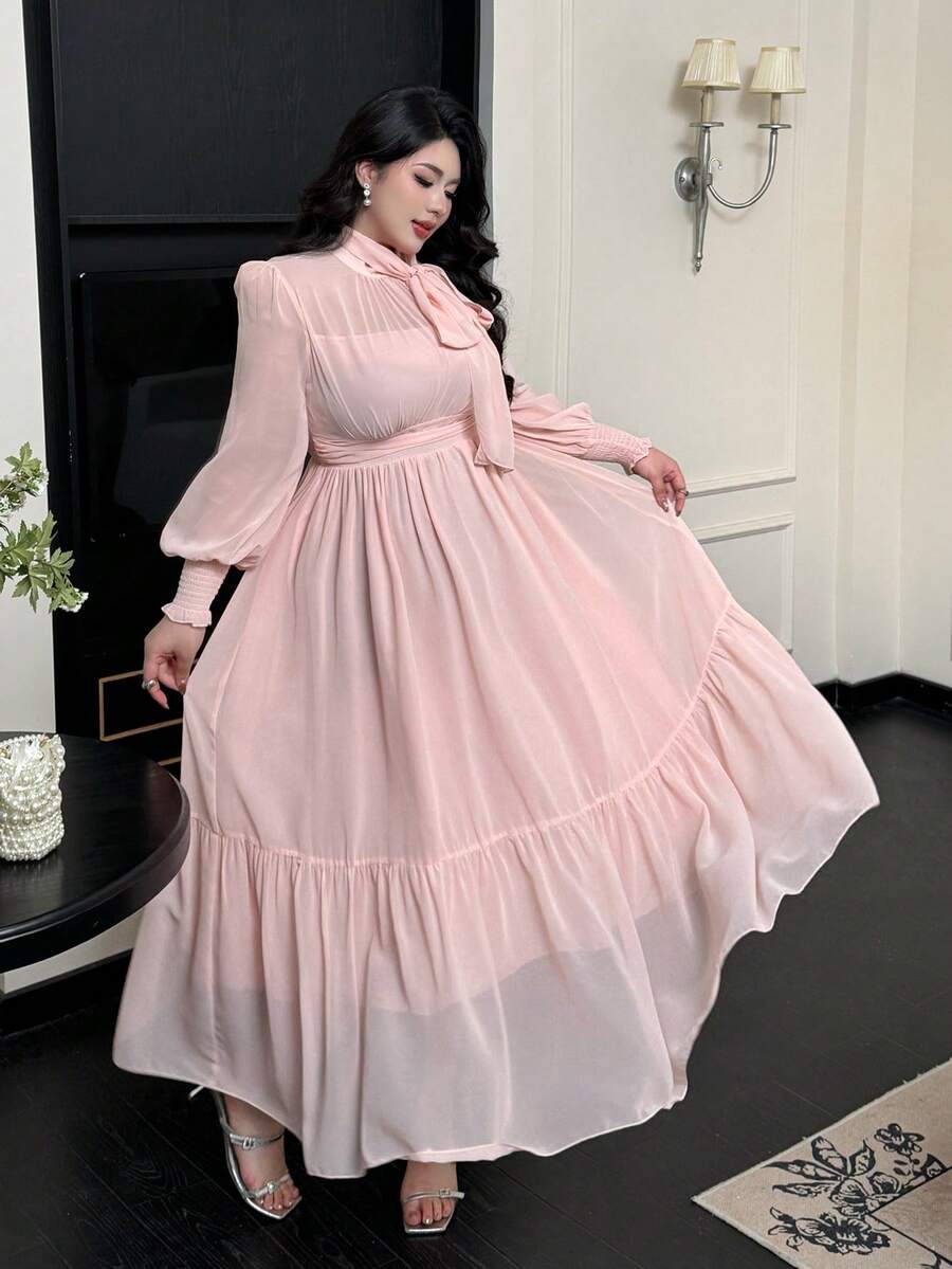 Flirla Váy voan tay đèn lồng nhẹ nhàng, kiểu Pháp ngọt ngào thanh lịch mới, váy ôm eo, váy cưới cho nữ - Hồng - Xem 1