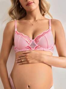 Moonlight&Mama Soutien-gorge d'allaitement en dentelle patchwork de Noël, maternité et allaitement, couleurs contrastées, pour femmes enceintes et en post-partum - Rose bonbon - Voir 5