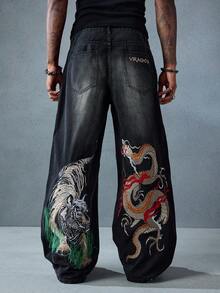 ROMWE MEN Anime Quần jean ống rộng dáng rộng thêu rồng Trung Quốc cho nam - màu đen - Xem 13