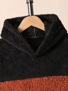 2pcs Tween Boys Casual Fleece Patchwork Contrast Color Hoodie Sweatshirt And Solid Color Sweatpants Set, Autumn/Winter - Brown - View 3