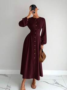 Siren Gaze Đầm dài thanh lịch cổ tròn tay đèn lồng màu trơn cho nữ - Màu Đỏ Sâu - Xem 6