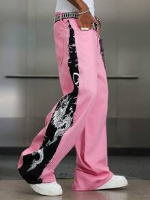 Manfinity EMRG Quần jean ống rộng họa tiết rồng Trung Hoa chắp vá cho nam, viền tua rua, túi hộp - Nhiều màu - Xem 6