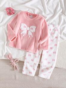 Genkimix Kids 2件套女童毛绒格子长袖上衣和裤子休闲舒适柔软睡衣套装 - 粉色 - 查看 1