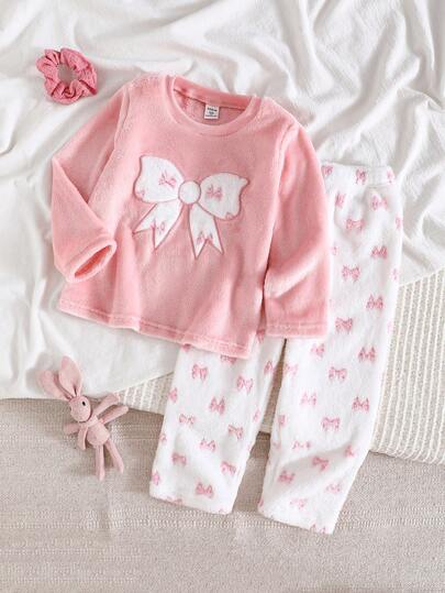 Genkimix Kids 2件套女童毛绒格子长袖上衣和裤子休闲舒适柔软睡衣套装