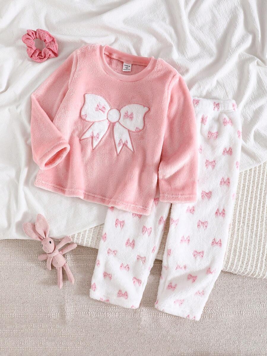 Genkimix Kids 2件套女童毛绒格子长袖上衣和裤子休闲舒适柔软睡衣套装 - 粉色 - 查看 1