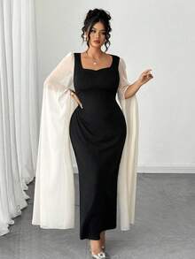 Elenzga Plus Size Women Elegant Waist Fitted Black & White Mesh Sleeve Dress Fall Cloth For Women - Black - View 4