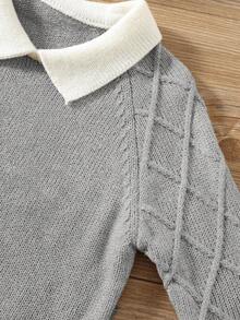 SHEIN 男童卡其色纹理休闲舒适百搭撞色领厚毛衣，适合返校、秋冬季