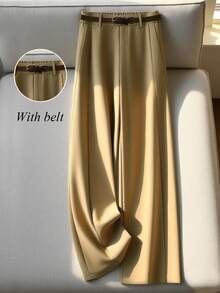 Franclia 女士优雅休闲时尚皮带阔腿裤 - 卡其色 - 查看 1