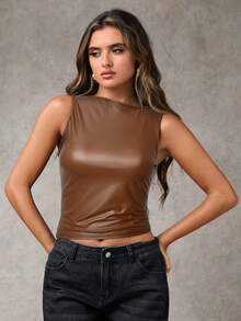 SHEIN BAE Áo ba lỗ ngắn tay xếp ly cổ tròn bằng da PU trơn màu thời trang dành cho nữ - màu nâu - Xem 4