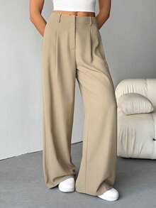 SHEIN Tall Calça feminina solta casual plissada de cor sólida e perna larga - Caqui - Ver 5