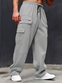 Manfinity Roughcore Men's Plus Size Solid Color Drawstring Cargo Pants With Multi-Pocket,Casual Style Baggy Cargo Pants,Black Pants For Men - Light Grey - View 3