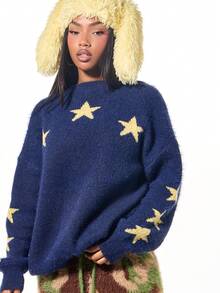 SUMWON WOMEN 超大蓬松圆领星星针织毛衣柔软冬季套头衫秋季针织衫 - 藏蓝色 - 查看 5