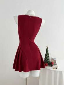 Elamini Damen Burgunderrotes plissiertes A-Linien Minikleid mit rundem Ausschnitt und ärmellos, modische taillierte Passform, vielseitig einsetzbar aus dickem Stoff, geeignet für Lässig-Outings, Dates, Geburtstage, Weihnachten, Valentinstag, süßer und niedlicher Stil, Herbst/Winter