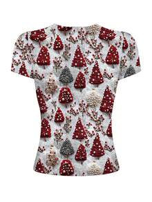 INAWLY 圣诞元素数码印花女式修身圆领T恤，圣诞树图案印花短袖T恤 - 彩色 - 查看 2