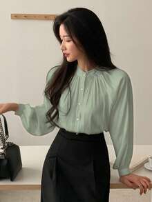 DAZY Blusa de manga farol con botones de unicolor para mujer, blusa de manga larga para otoño - Verde - Ver 3