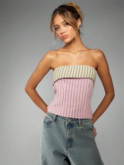 MISSGUIDED Strapless Bandeau Crop Top Pinstripe Two Tone Summer Spring Casual Vacation Beach Resort Festival Sleeveless