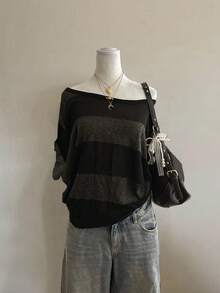 Attitoon Striped Casual Loose Plus Size One-Shoulder Drop Shoulder Short Sleeve T-Shirt, Comfortable & Relaxed College Style For Plus Size Women - Multicolor - View 3