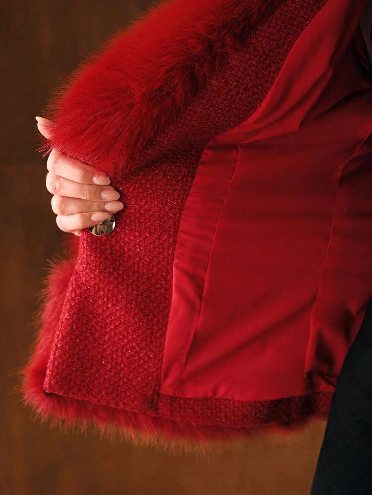 CONTRAST FUZZY COLLAR BELTED OVERCOAT