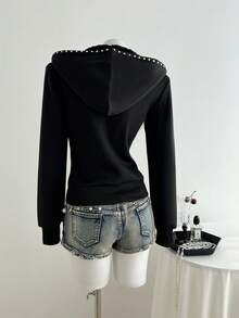 Elamini Women's Casual Versatile Commuter Gothic Style Rivet Decor Zipper Front Hooded Fleece Jacket, Autumn/Winter - Black - View 2