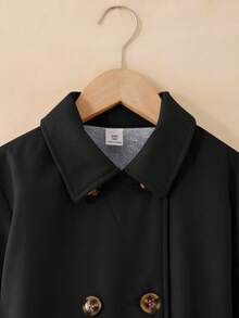 SHEIN Serisse Kids 青少年女孩纯色简约长款翻领外套，适合秋冬季日常穿着、休闲场合和返校季，保暖效果佳 - 黑色 - 查看 5