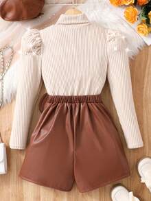 SHEIN Tween Girls Beaded Turtleneck Ribbed Puff Sleeve Knit Top & Pearl Bow PU Skort 2-Piece Set, Sweet Cool Fall Winter Outfit - Brown - View 2