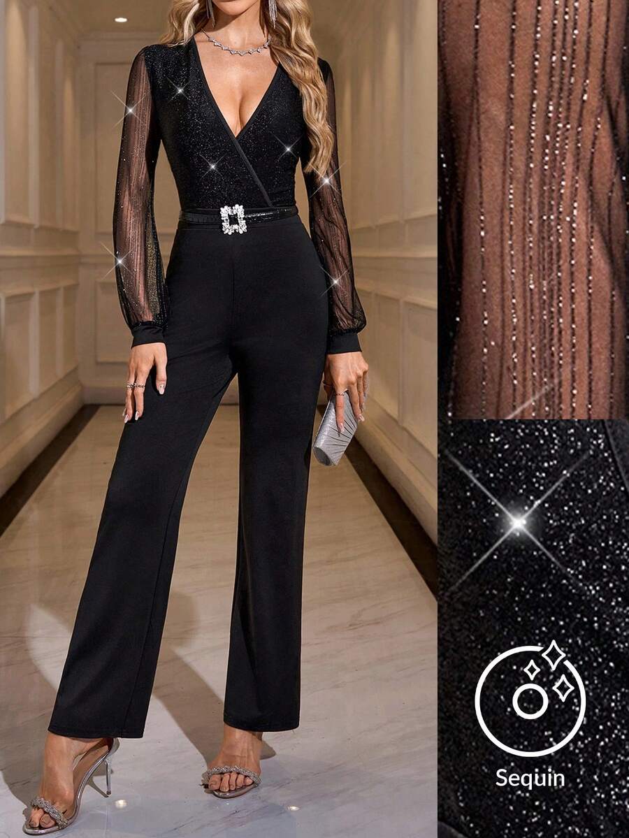 SHEIN Clasi Bộ đồ liền thân gợi cảm thanh lịch dành cho nữ, vải lưới chắp vá, ôm sát, eo co giãn, thích hợp dự tiệc - màu đen - Xem 1