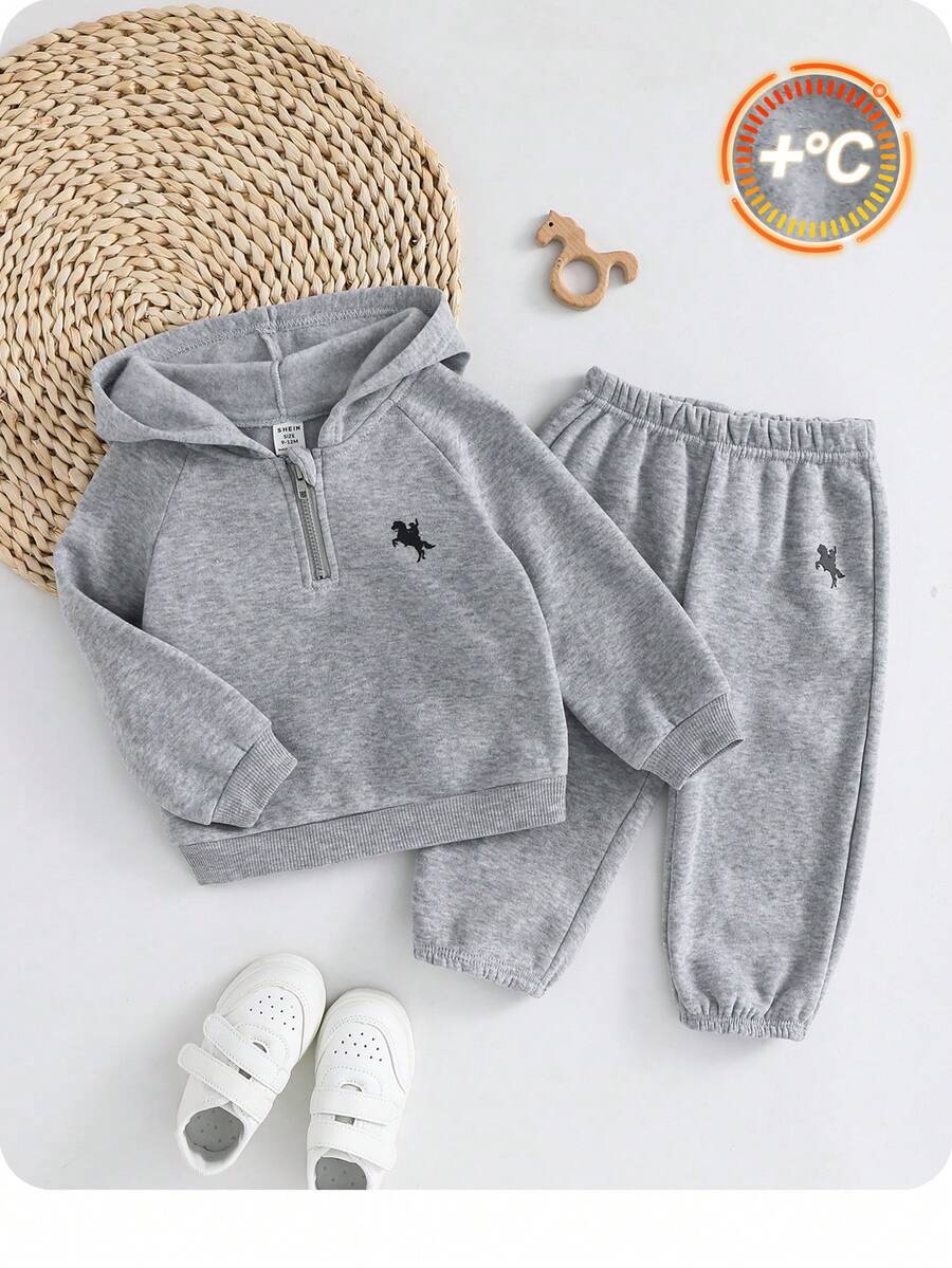 男婴休闲可爱百搭蓝色针织连帽衫和松紧腰裤套装 - 淺灰色 - 查看 1