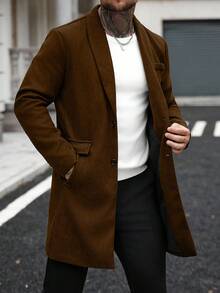 Manfinity Homme 男士纯色口袋纽扣长袖大衣，秋季男士棕色外套，休闲商务风，冬季款 - 棕色 - 查看 8