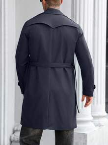 Manfinity Mode 男士街头风黑色纯色防戬面料双排扣翻领宽松长袖风衣，休闲百搭风衣，男友老公周年纪念礼物 - 藏蓝色 - 查看 2