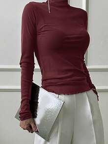 DAZY 女士纯色荷叶边高领修身T恤，咖啡棕色，四季皆宜长袖 - 酒紅色 - 查看 3