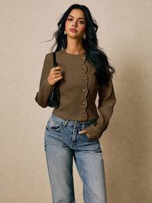 Poéselle Women's Metal Button Decorated Long Sleeve Shirt - Brown - View 5