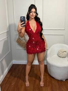 SHEIN SXY Đầm ngắn hở lưng đính sequin đỏ thời trang gợi cảm dự tiệc - Đỏ - Xem 3