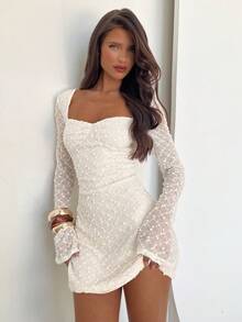 Aloruh Women's Winter Elegant Square Neck Ruched Flare Sleeve Fitted A-Line Mini Dress,Winter Dresses For Women,Women Dresses Autumn Winter , Elegant Dresses For Women,White Dresses For Women,Dresses For Women Elegant - Beige - View 7