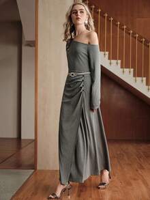 Uhlyne Minimalist Pleated Beaded Sweater & A-Line Button Pleated Skirt Set, Elegant Off Shoulder Knit Sweater & Maxi Skirt, Artistic Design, Casual, Party, 2-Piece Set - Dark Grey - View 5