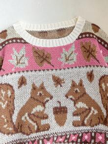 Franclia 新款叶子和松鼠图案圆领长袖套头毛衣 - 玫紅色 - 查看 4