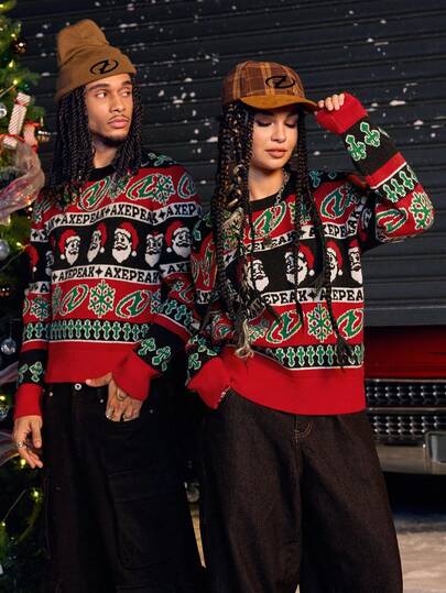 AXEPEAK 男士休闲撞色圣诞毛衣，秋冬季长袖上衣