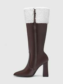 CUCCOO BIZCHIC 高品质棕色袖口针织高筒靴，尖头粗跟优雅女靴，时尚百搭新款靴子，展现女性魅力和优雅 - 棕色 - 查看 9