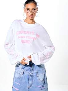 SUMWON WOMEN 超大长袖学院风图案T恤，带有品牌标语和袖子细节 - 白色 - 查看 1