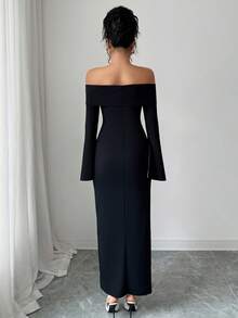 Elenzga Slit Off Shoulder Long Sleeve Fitted Elegant Party Dress For Women, Autumn/Winter