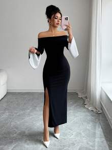 Elenzga Slit Off Shoulder Long Sleeve Fitted Elegant Party Dress For Women, Autumn/Winter
