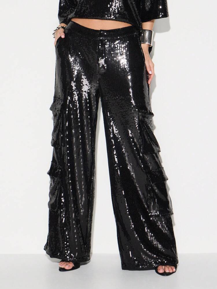 KIZN スパンコールワイドレッグパラッツォパンツ