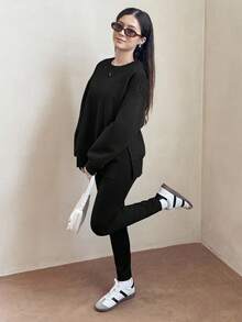SHEIN 1 套青少年女孩时尚个性休闲开衩宽松落肩连帽衫和紧身打底裤套装，黑色，时尚秋冬装 - 黑色 - 查看 5