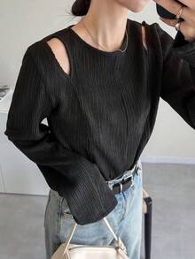 FRIFUL 女式露肩分体T恤，夏季上衣长袖上衣 - 黑色 - 查看 1