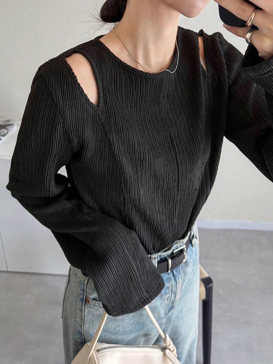 FRIFUL 女式露肩分体T恤，夏季上衣长袖上衣 - 黑色 - 查看 1