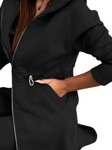 EMERY ROSE Women's Autumn Drop Shoulder Zipper Front Hooded Jacket And Pants Casual Suit - Black - View 6