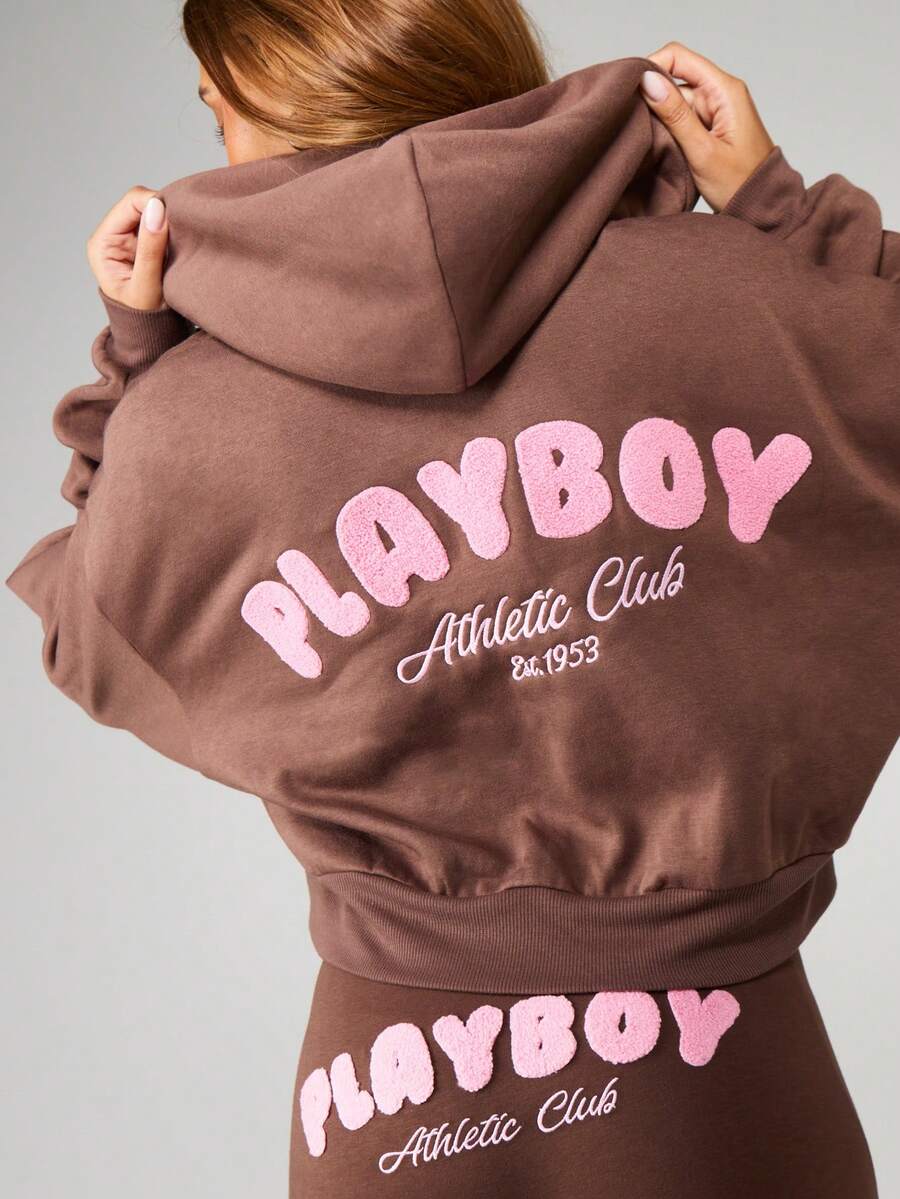 Missguided x Playboy Cropped Zip Through Hoodie With Drawstring And Centre Pocket For Casual Streetwear - Coffee Brown - View 1